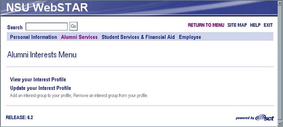 WebSTAR for Alumni Interests Menu